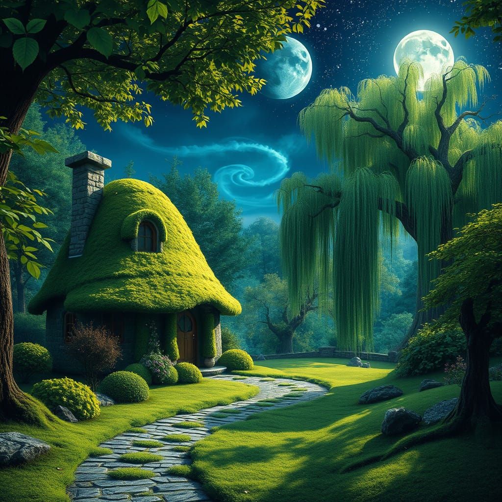 Enchanted Forest Cottage Under Starry Night Sky