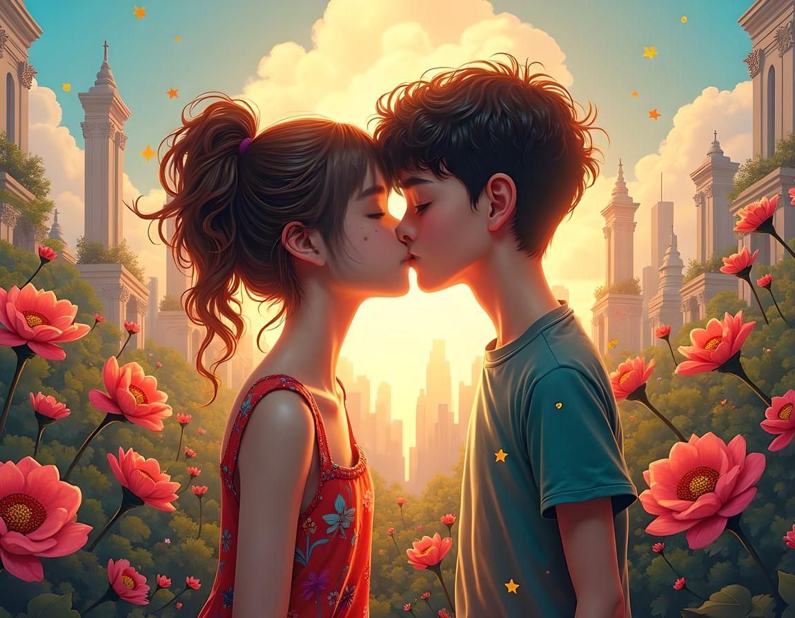 Teenage Kiss in Hummel Style Graffiti Art