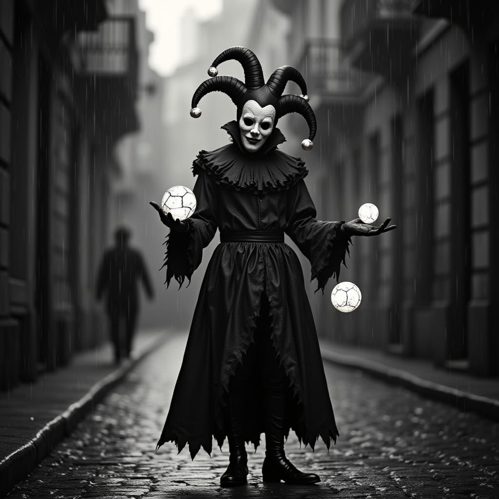 Jester Juggles Orbs in Noir Alleyway