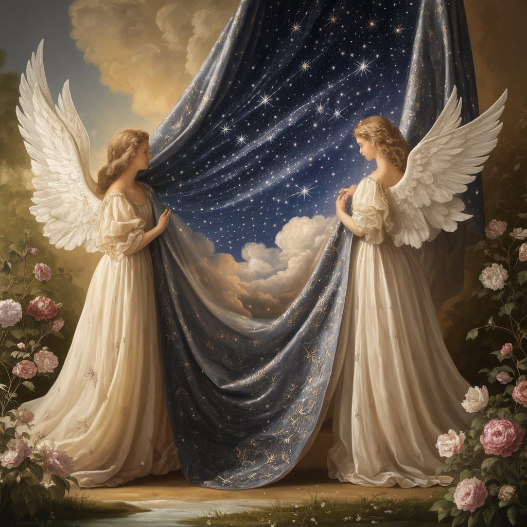 Angels Unfold a Celestial Tapestry in a Serene Garden Scene