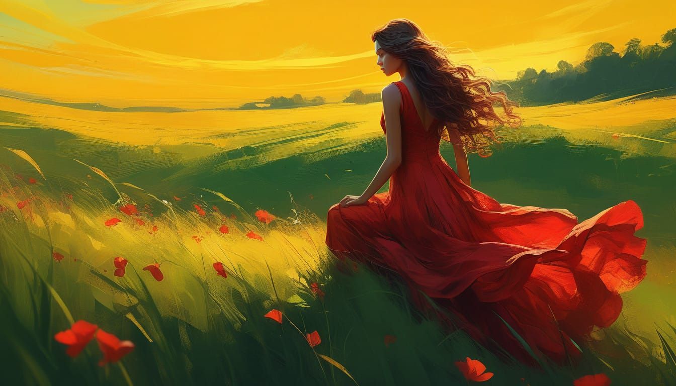 Woman in Vibrant Impasto Style Sitting on a Glowing Meadow