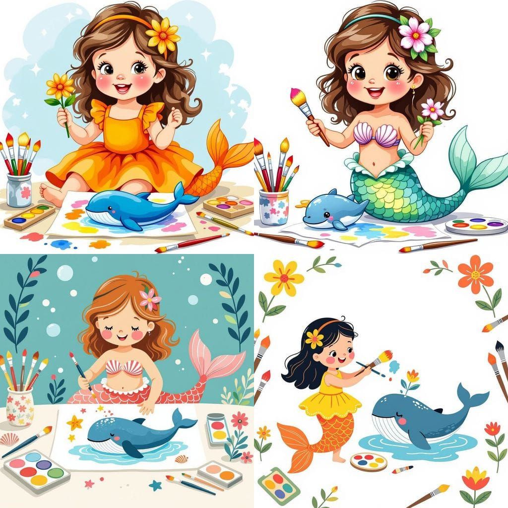 Toddler Mermaid Painting a Whale with Watercolors
