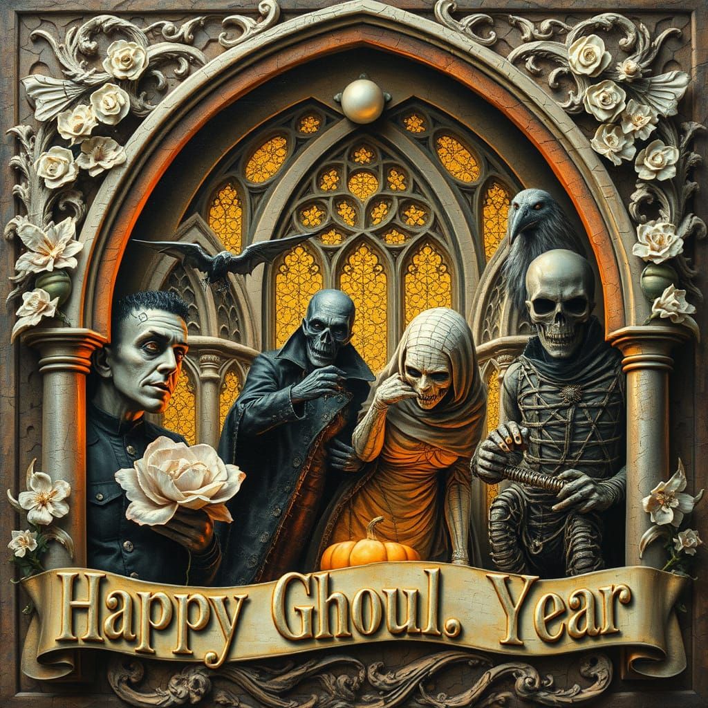 Classic Monsters Party in Surreal Burning Cathedral