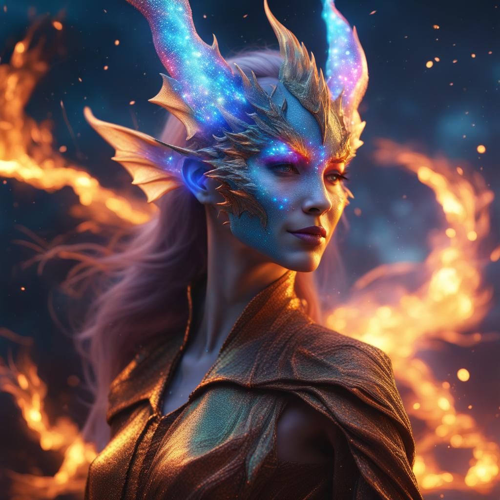 Dragon-Human Wizard with Galaxy Sky