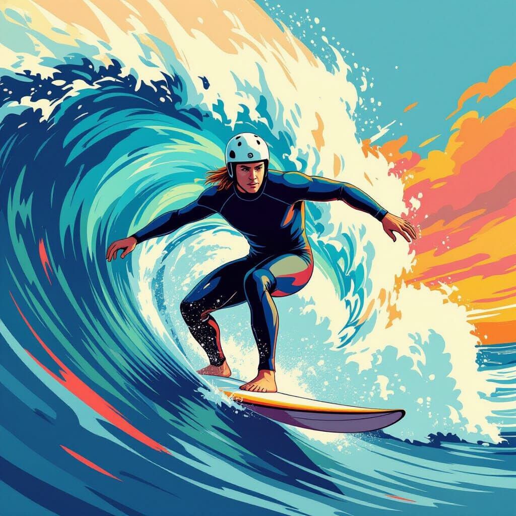 Surfer Rides Massive Wave in Stylized Illustration