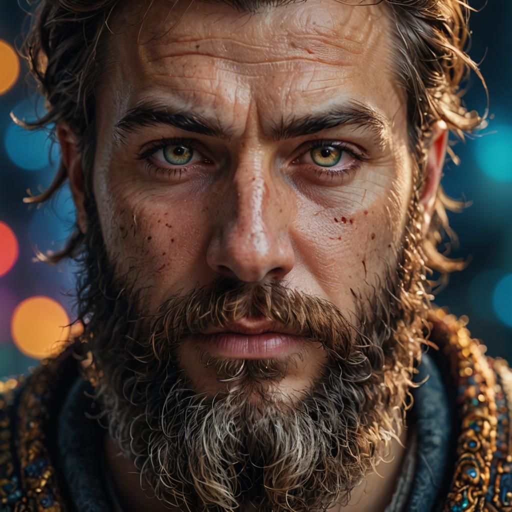 Detailed Portrait of Bearded Man in Mythic Realism