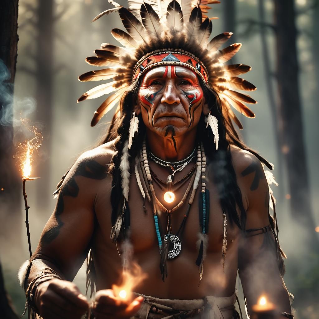 Native American Medicine Man Conjuring Spirit in Digital Pai...