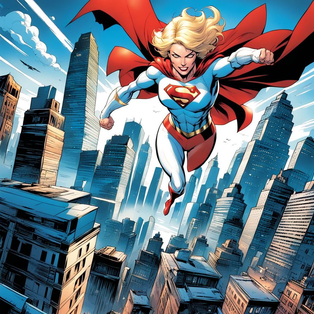 Powergirl Flying Above City, Comic Book Art