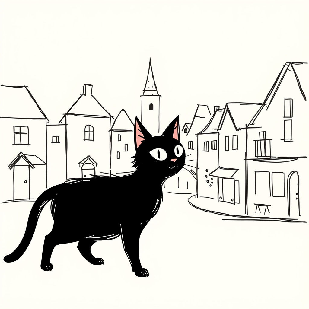 Black Cat Exploring Town, Minimalist Sketch
