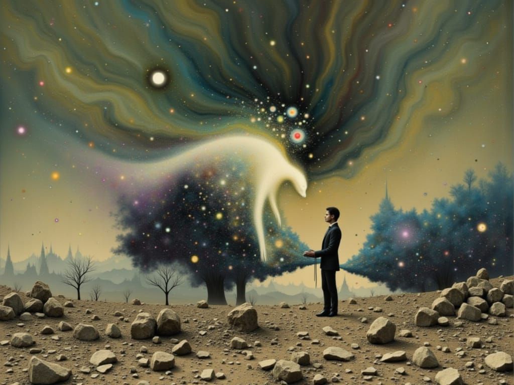 Surreal Figure Reconstructing Self on Alien Landscape