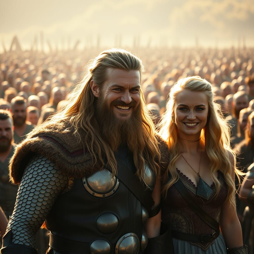 Thor and Freya Surrounded by 1000 Viking Warriors in a Sun-D...