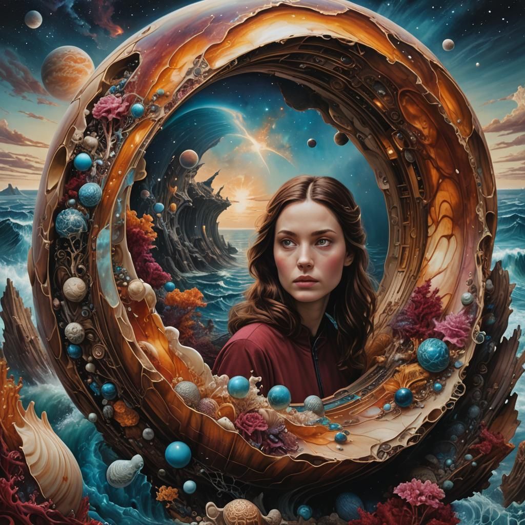 WOMAN INSIDE AN OVERSIZED SHELL