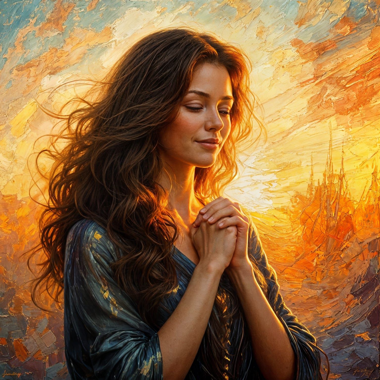 Impressionist Woman in Triumph Before Vibrant Sunrise