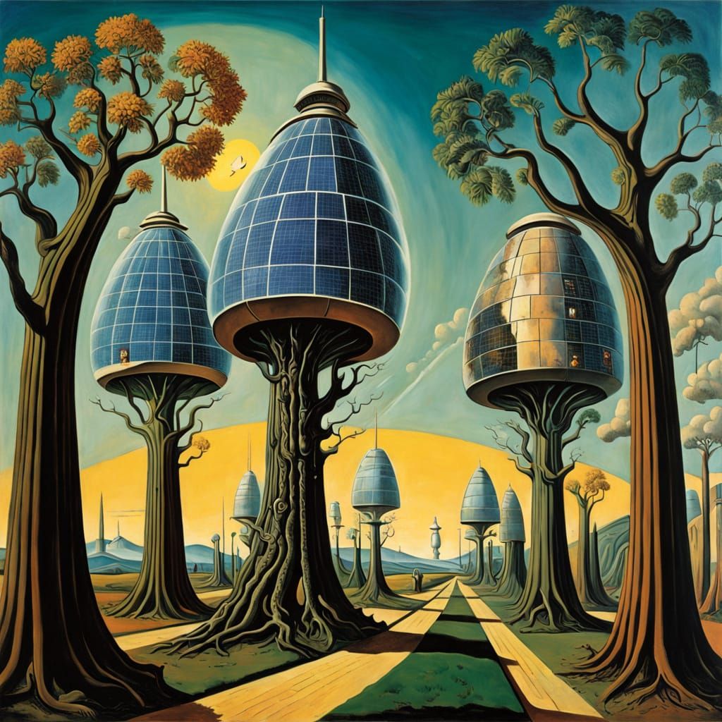Solar Tree Factory in Vibrant Oil Painting