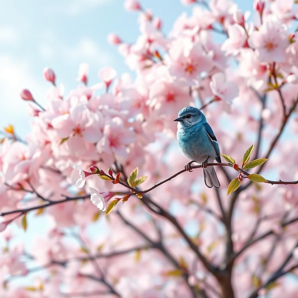 Cherry Blossom Tree with Iridescent Bird in Anime Style
