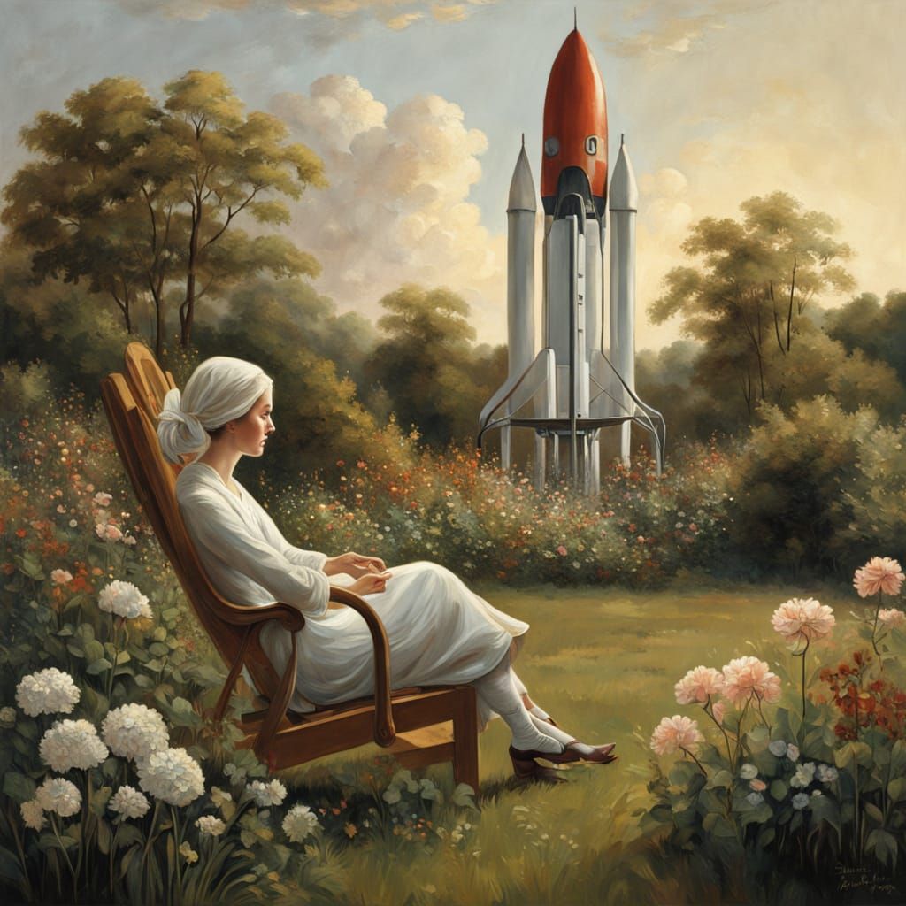 Romanticism-Inspired Scene of Woman in Garden with Rocket