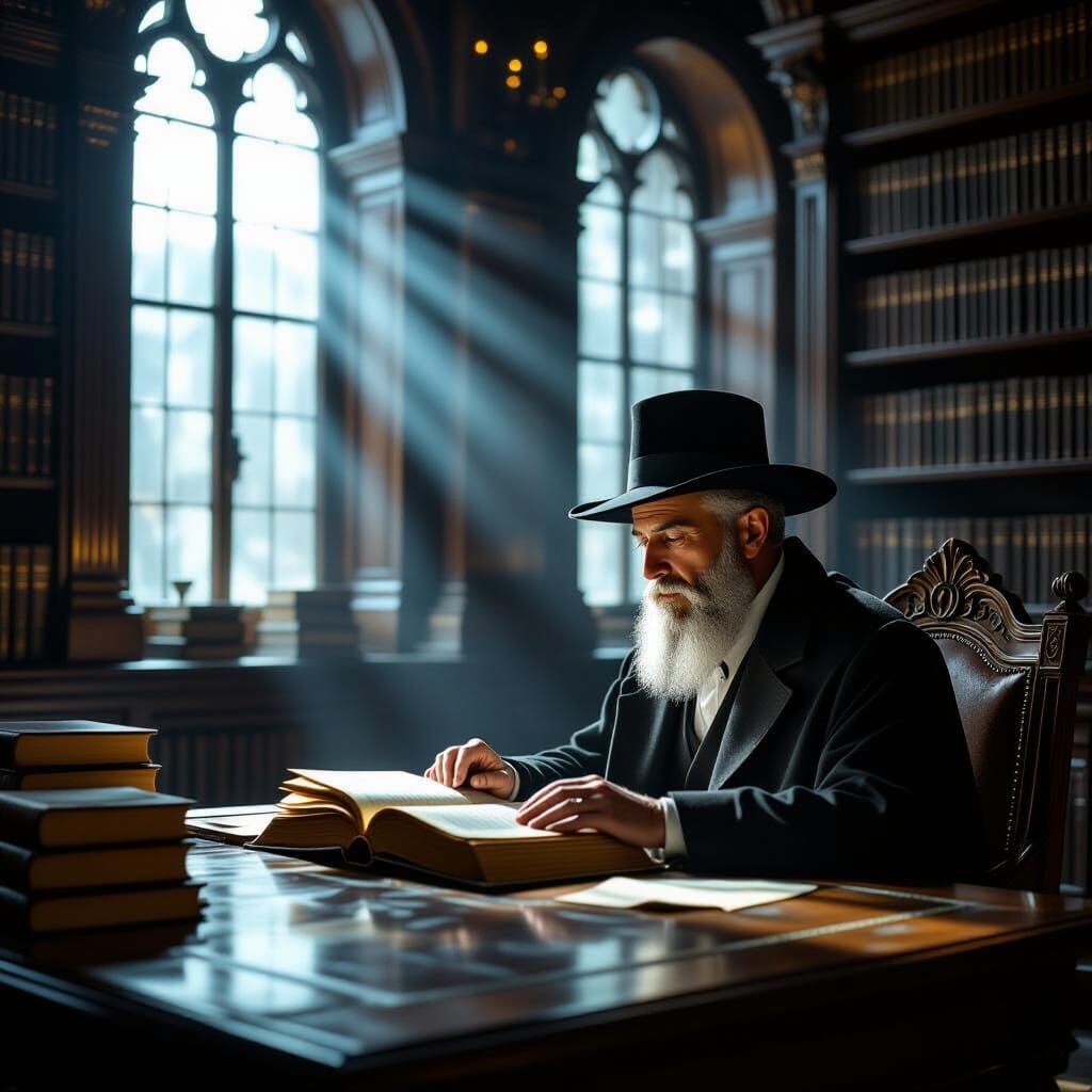 Jewish Man Contemplating Ancient Knowledge in Moonlit Librar...