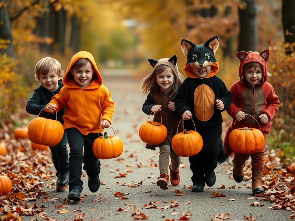 Children Trick-or-Treating Amidst Autumn Leaves