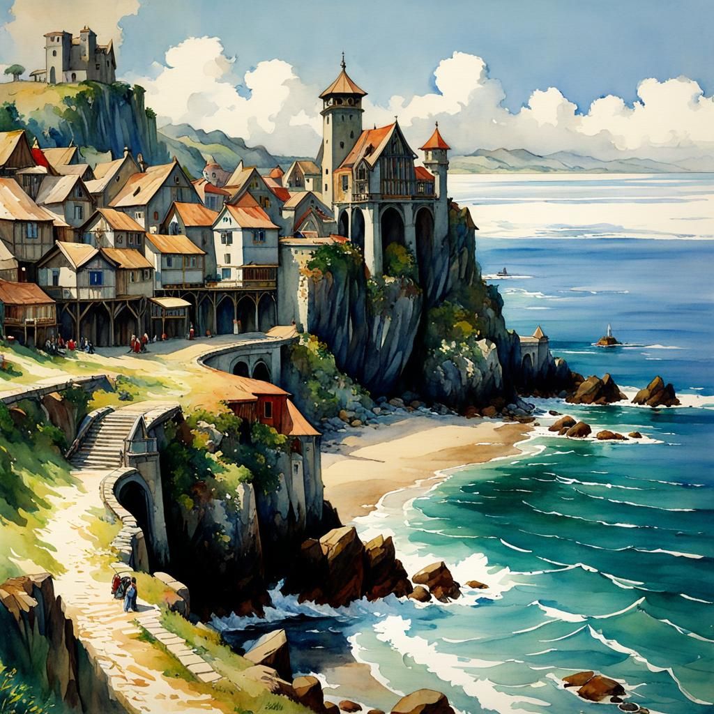 Medieval Seashore Landscape in Watercolor Style