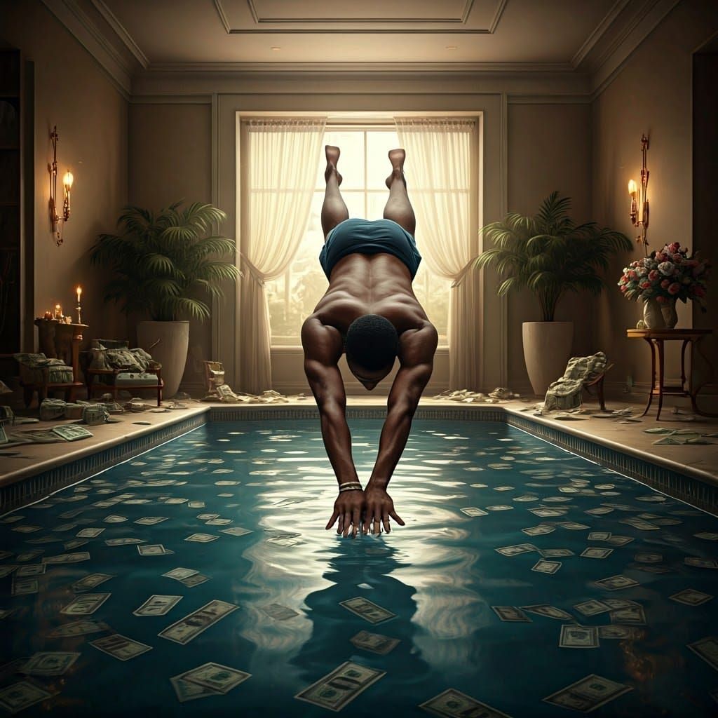 Man Diving into a Cash-Filled Pool: Hyperrealistic Photo