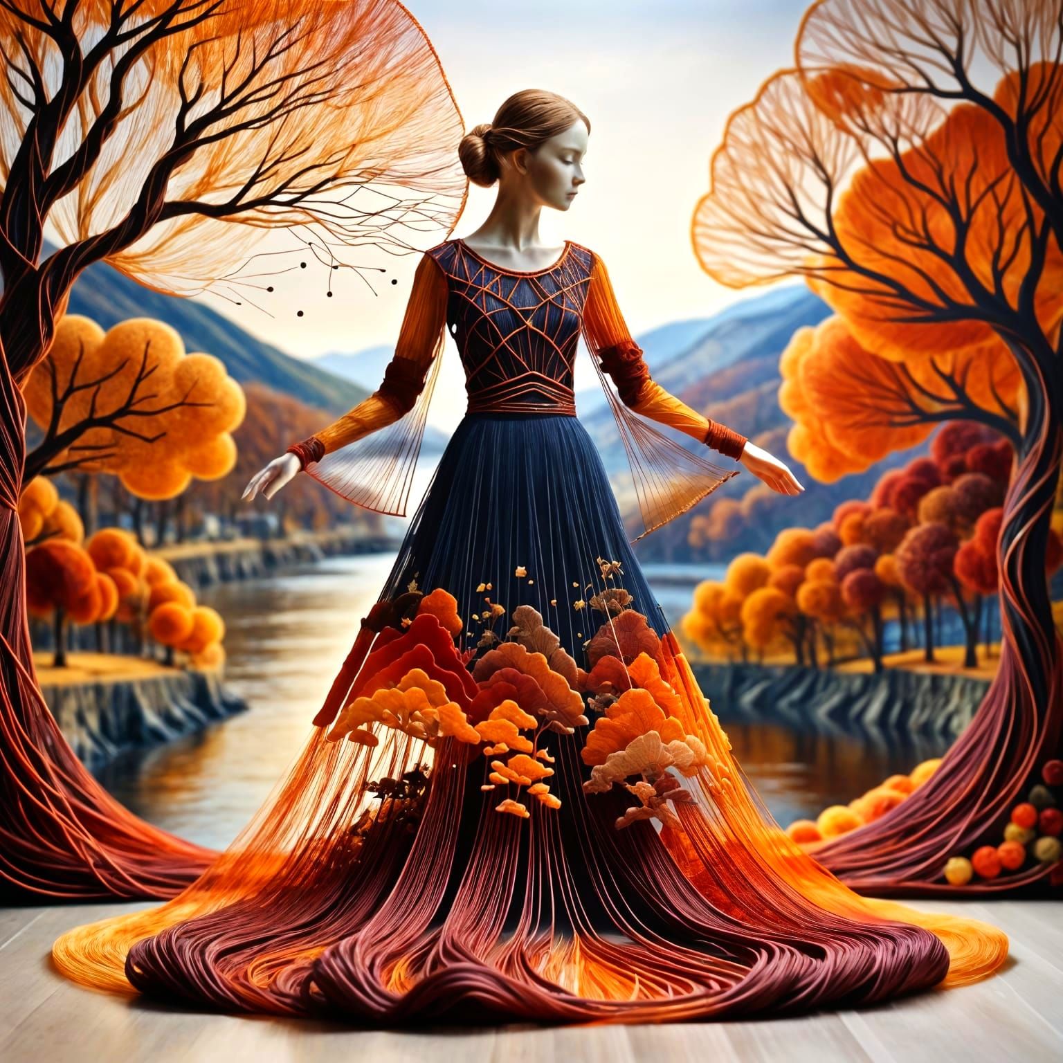 Thread Woman Autumn Landscape Double-Exposure Effect