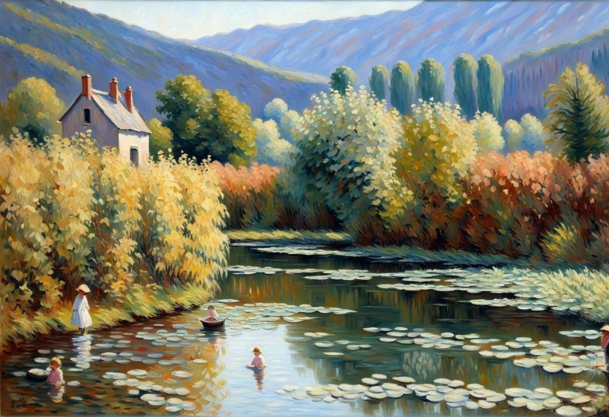 Impressionistic Oil Painting: Snowy Peaks and Water Mill