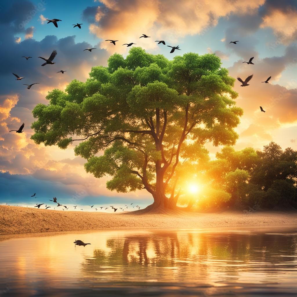 Tranquil Beach Sunset with Birds in Flight