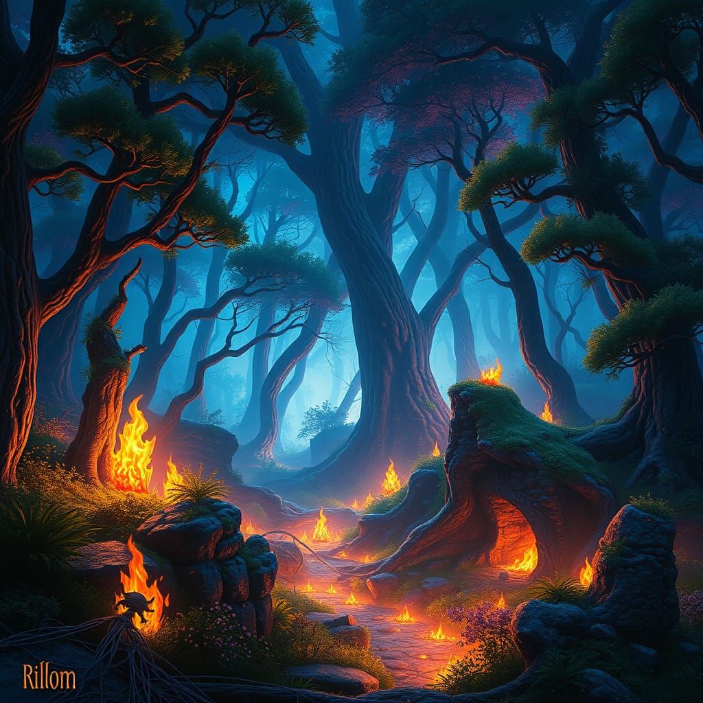 Surreal Forest Ablaze with Fantastical Fires in a Cyberpunk ...