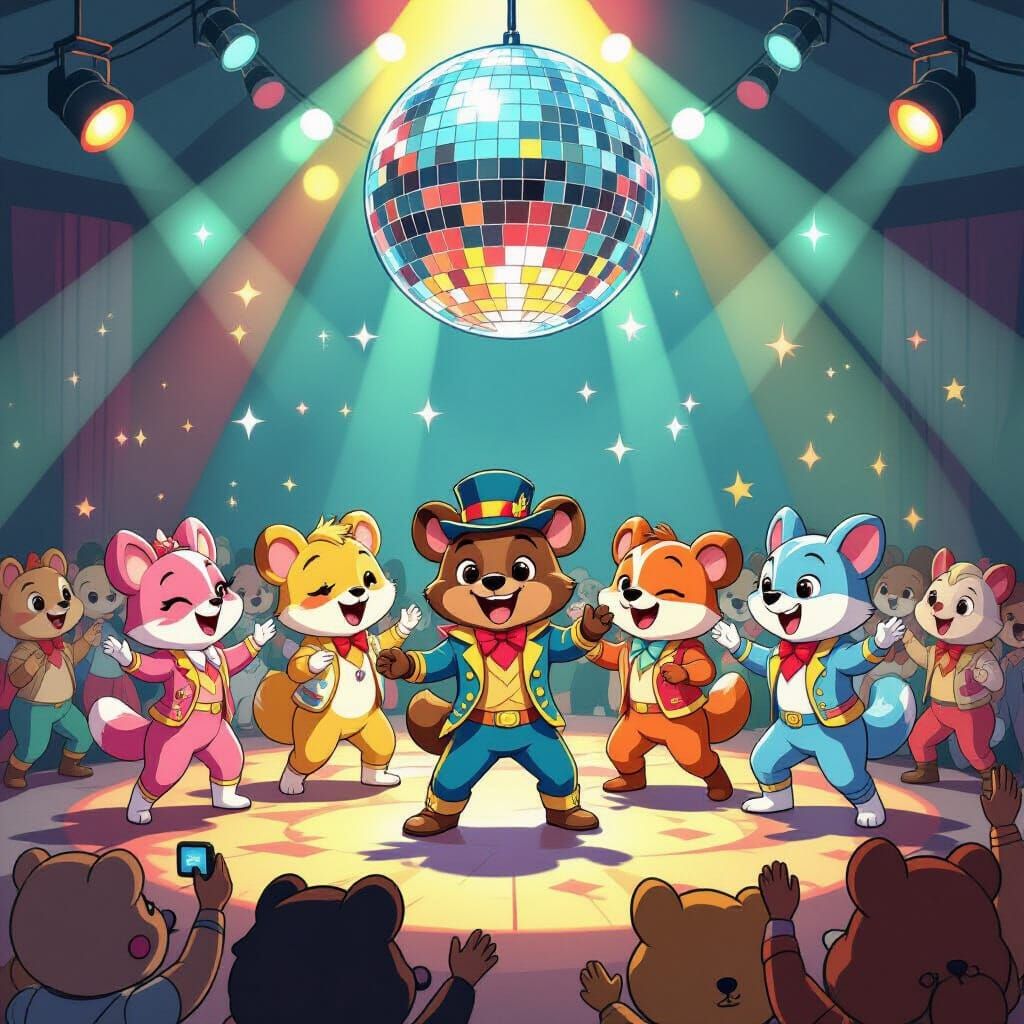 Cartoon Village People Dance in 70s Disco Ballroom