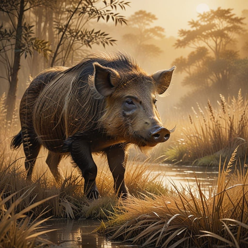 Wild Boar in Grass: Chinese Watercolor Painting