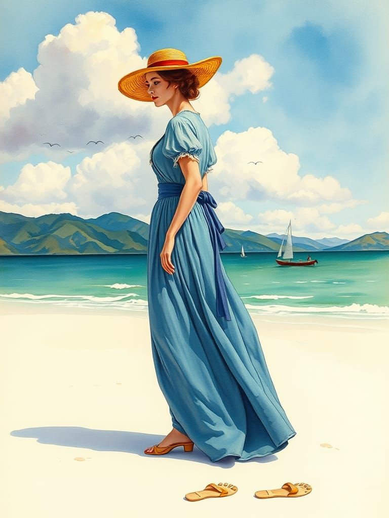 19th Century Lady on Beach in Van Gogh Style