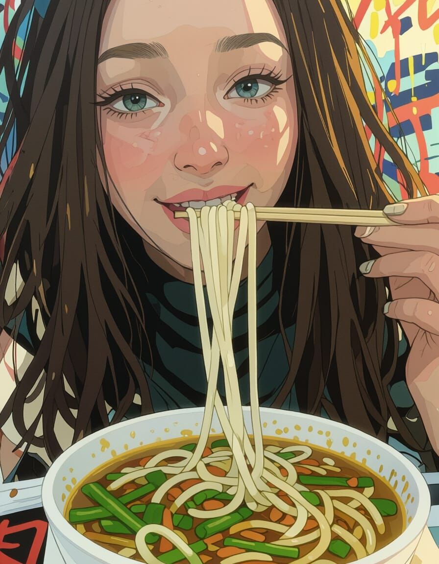 Cyberpunk Anime Girl Eating Noodles in Graffiti Alley