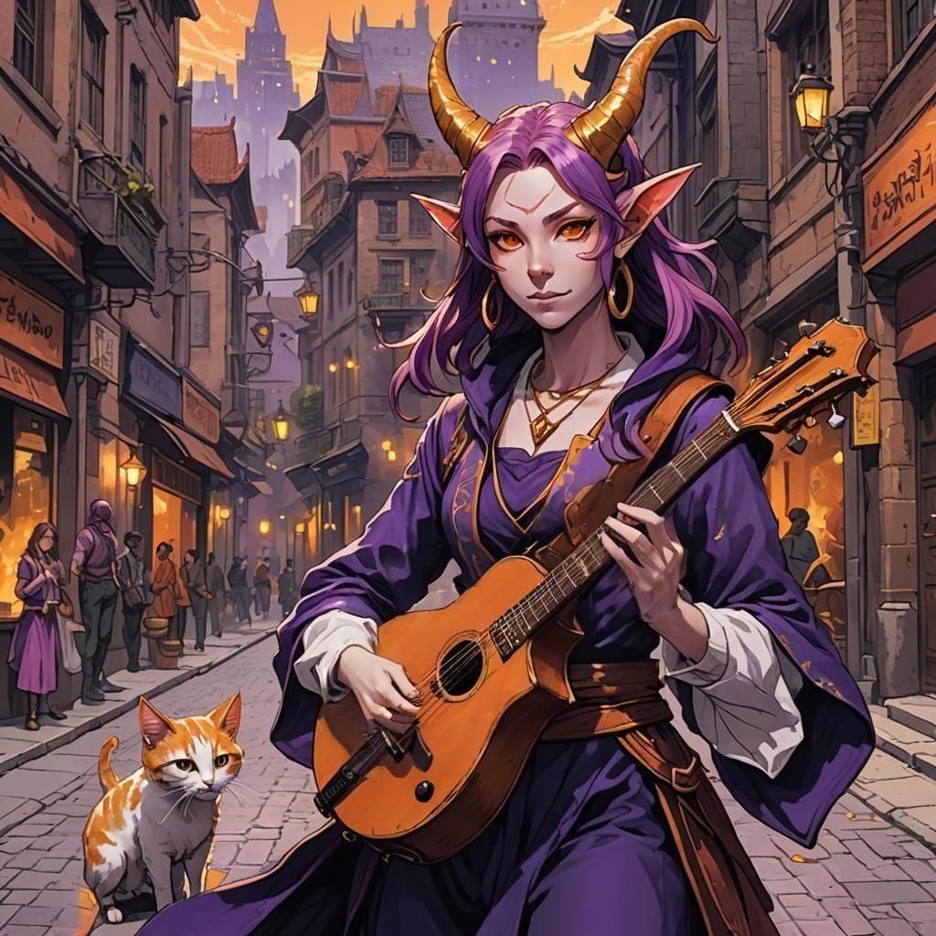 Tiefling Bard and Cat in Medical City: Cel-Shaded Art