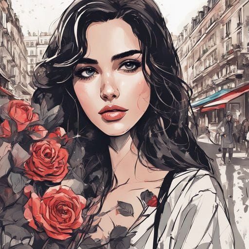 Beautiful Dark-Haired Girl in Paris Cafe, Splash Art