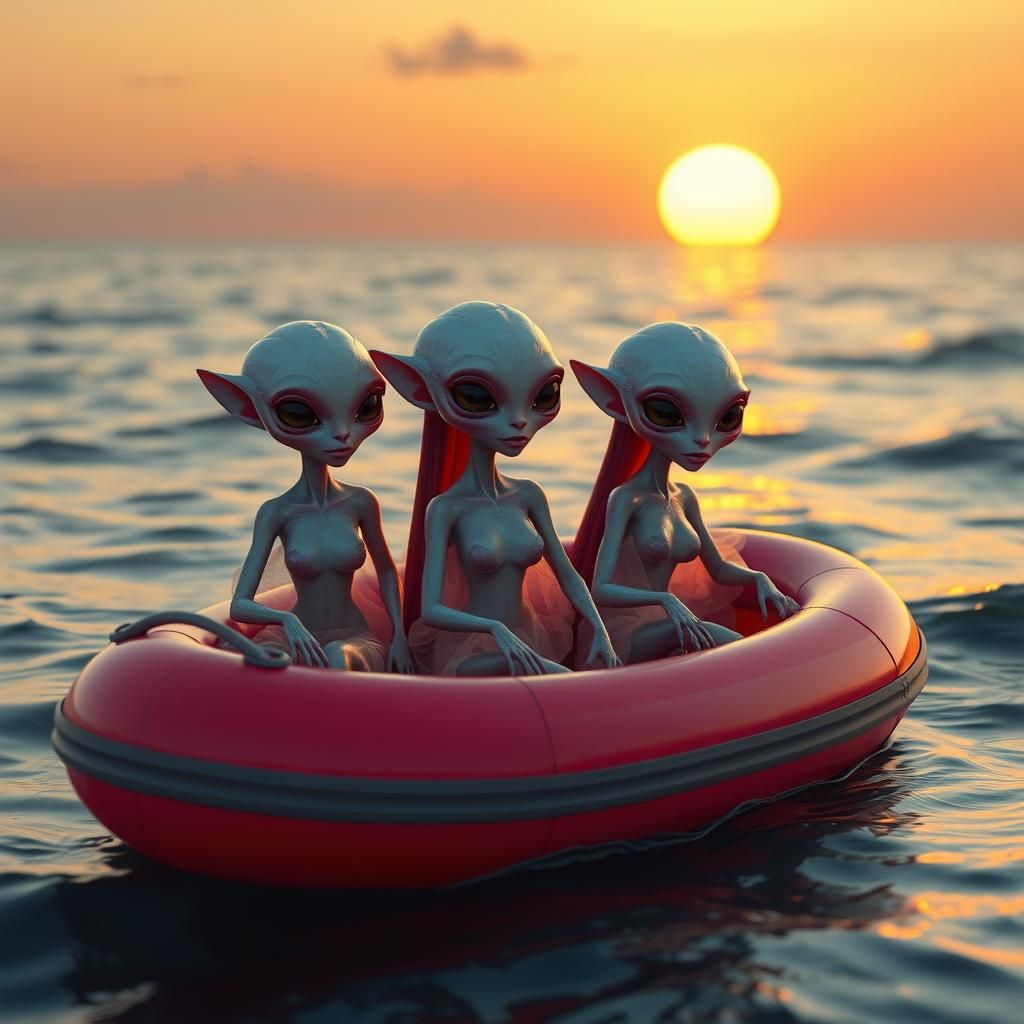 Alien Women in Inflatable Boat at Sunset