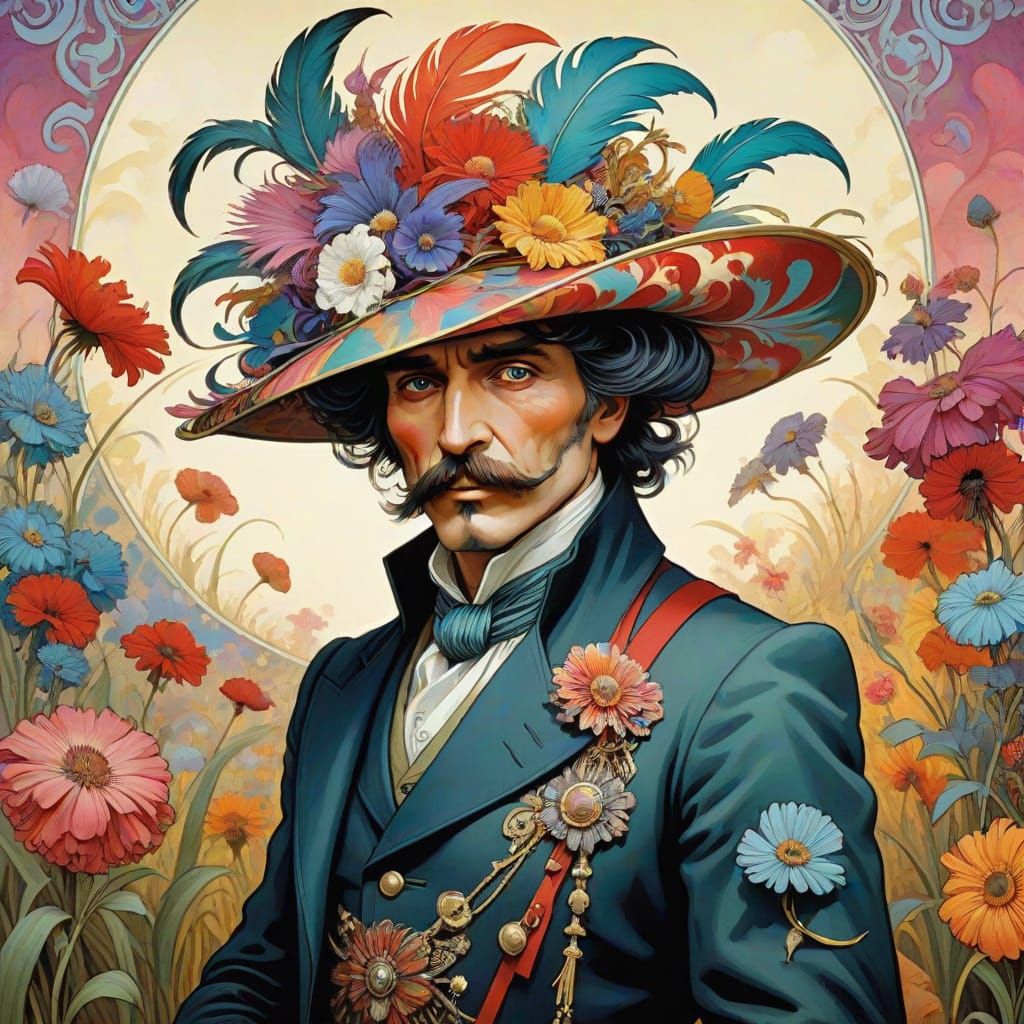 Heroic Leader in Floral Field, Art Nouveau Style