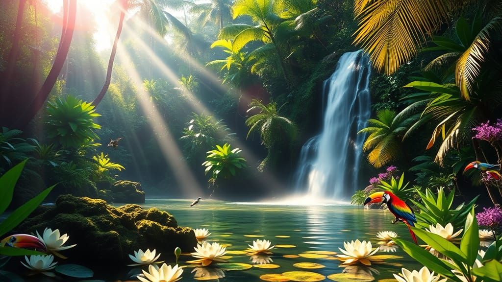 Lush Tropical Jungle Waterfall in Volumetric Lighting