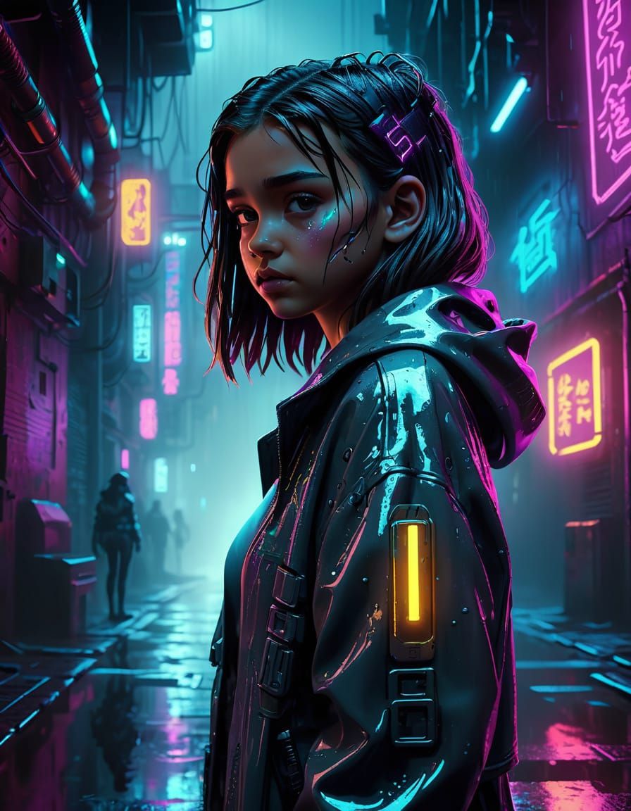 Cyberpunk Girl in Neon Alley Digital Painting