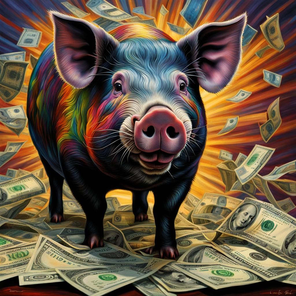Potbelly Pig with Dollars in Photorealistic Painting