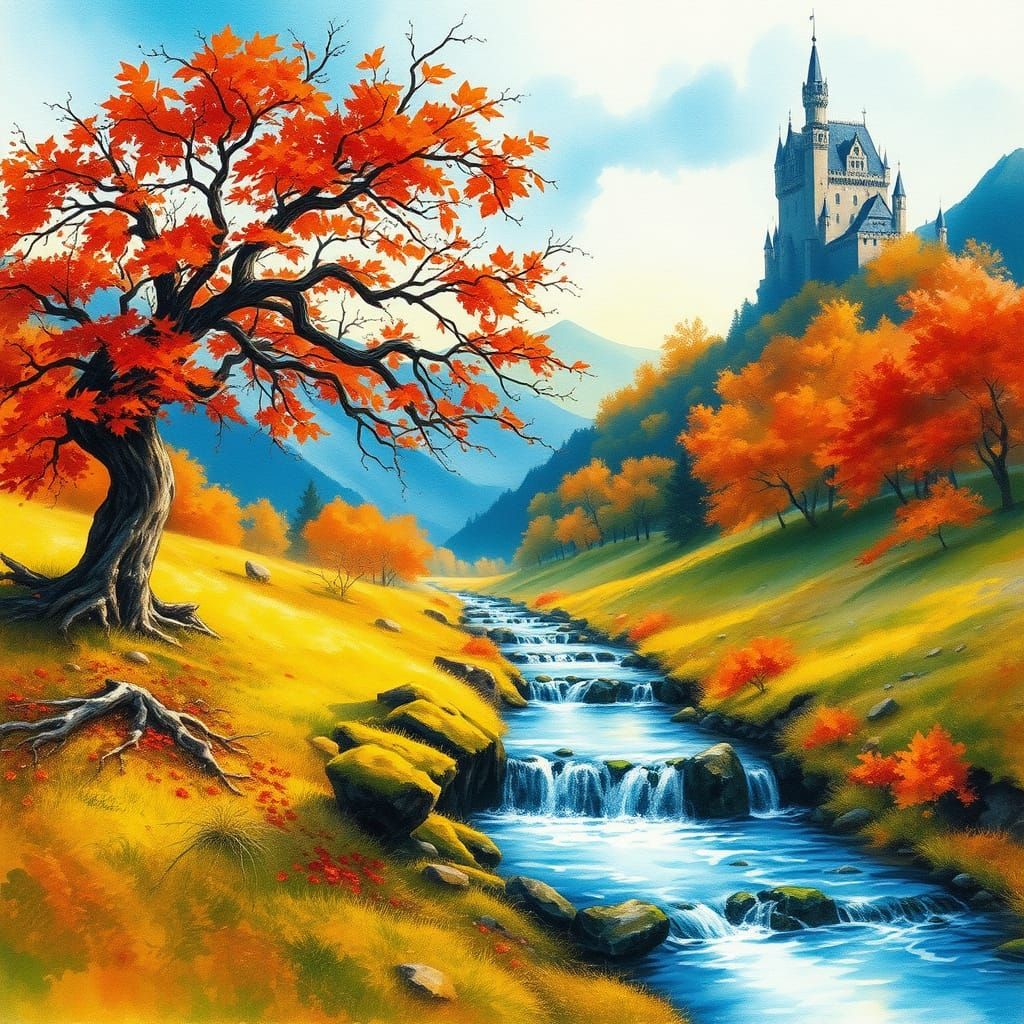 Majestic Blue Castle in Autumnal Watercolor Landscape