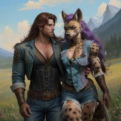 Man Embracing Hyena in Gouache Style