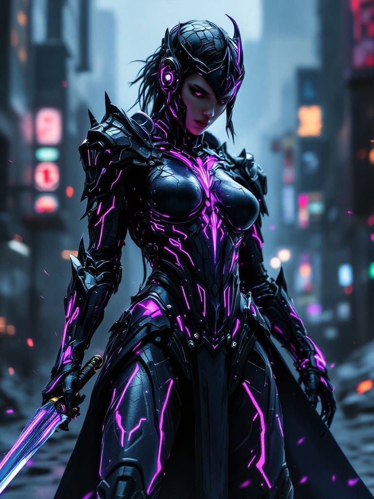 Female Archon Knight Supervillain in Cyberpunk City