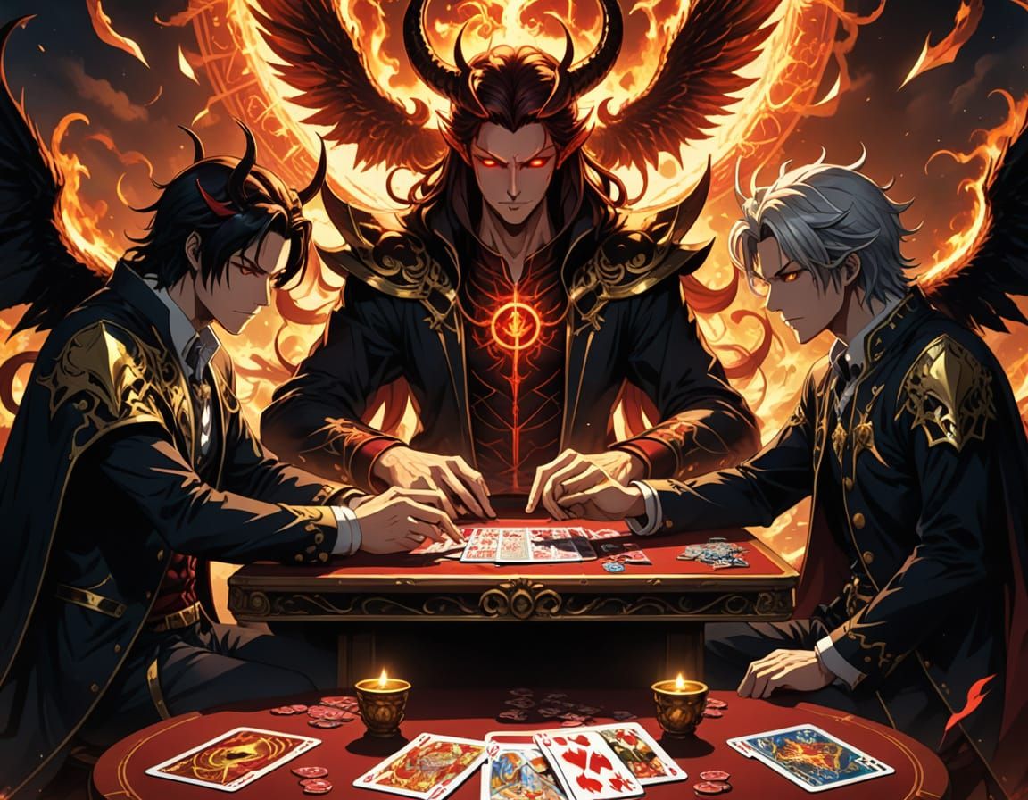 God and Lucifer Play Cards in Dramatic Anime Style