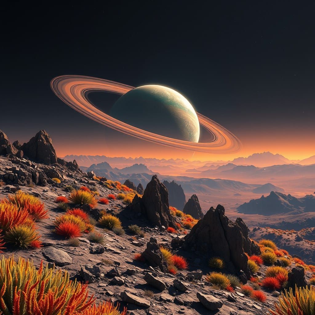 Surreal Exoplanet Landscape with Ringed Gas Giant