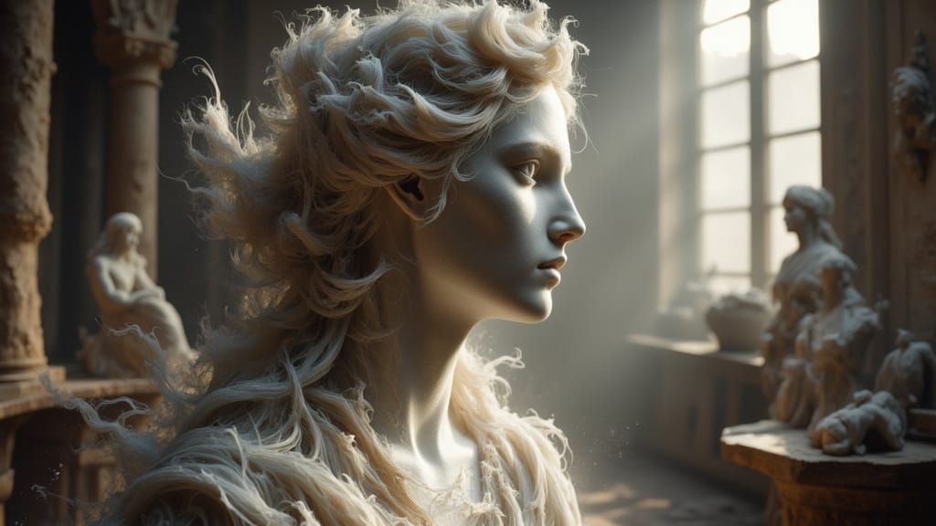 Half-Finished Marble Sculpture of Woman's Face in Renaissanc...