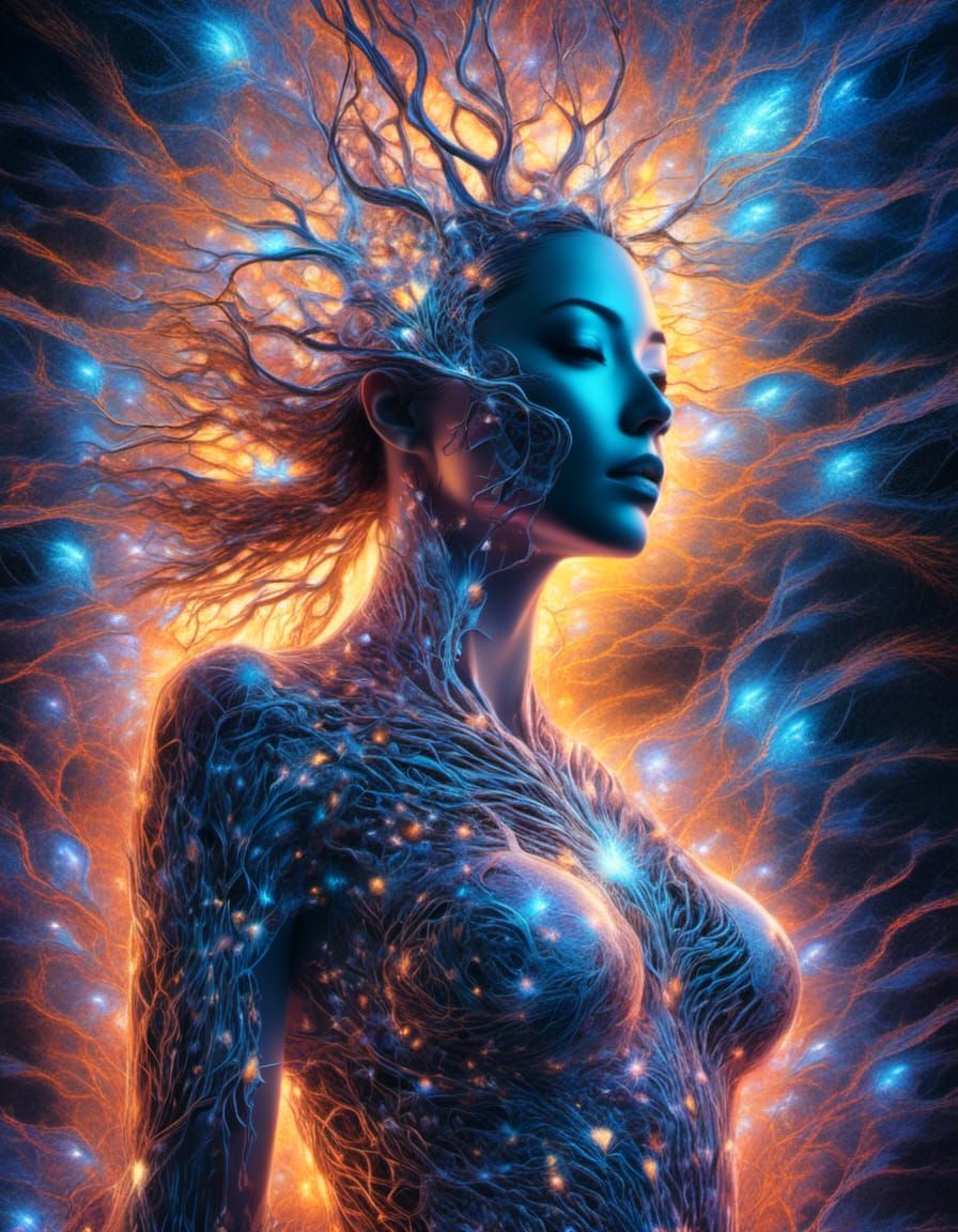 Luminous Neurons Form Female Figure in Cosmic Art