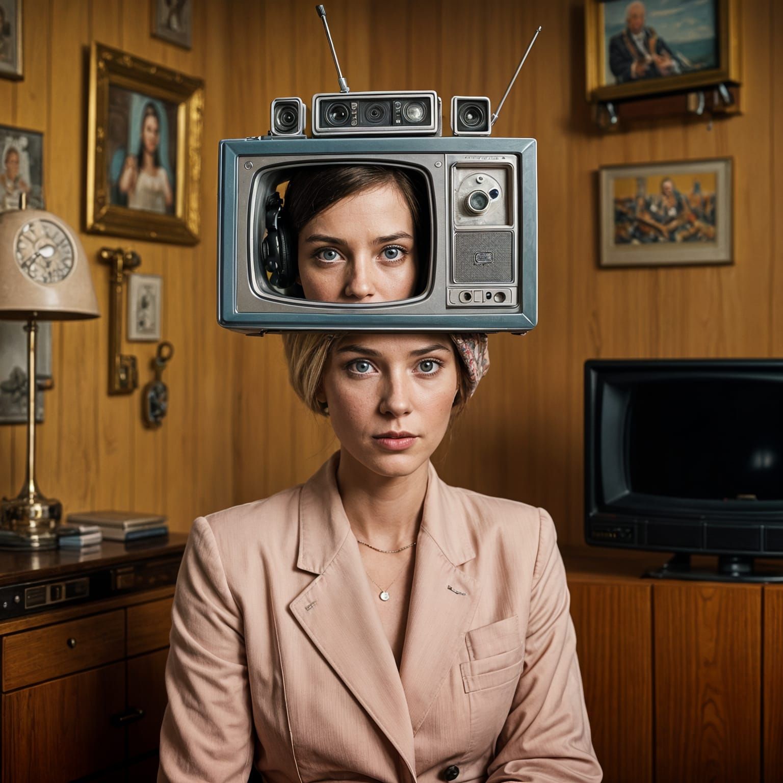 Woman with TV Head in Wes Anderson Room