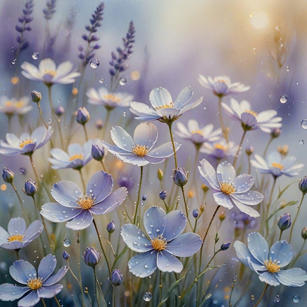Delicate Flowers Shimmering with Water Droplets as Watercolo...