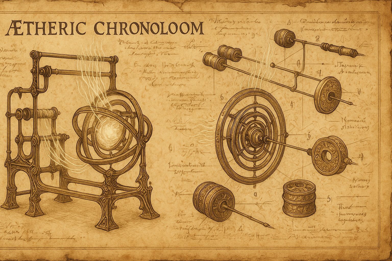 Aetheric Chronoloom Schematic Illustration on Parchment
