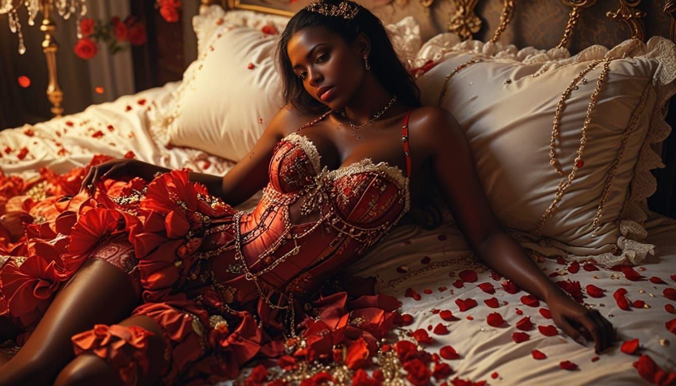 Woman in Floral Bed with Jeweled Garter, Golden Hour